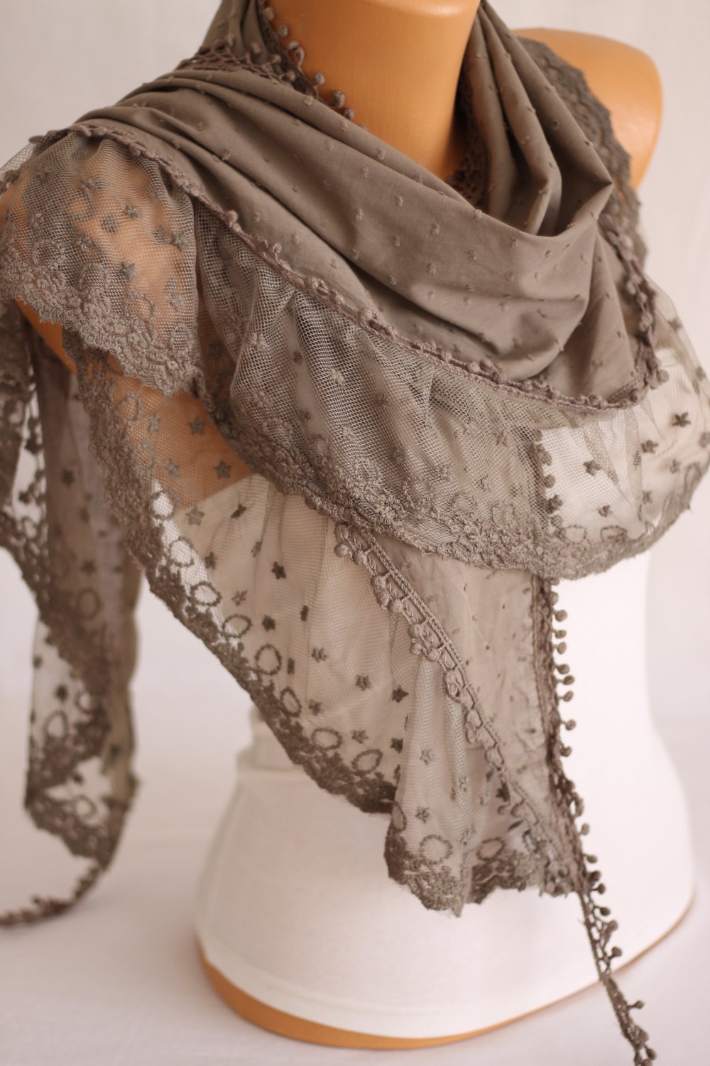 Beige Tulle Edged Triangle Cotton Scarf Woman Scarf by escherpe