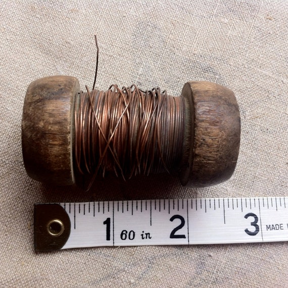Antique copper wire wooden spool industrial primitive decor