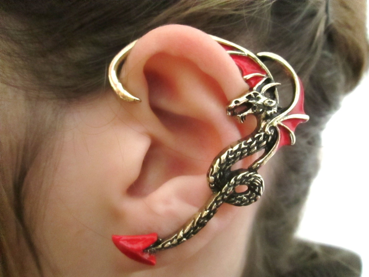 Red wing dragon ear cuff wrap gothic dragon jewelry