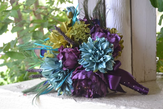 Peacock Wedding Bouquet - Teal, Green,Purple Peonies, Dahlias, Peacock Feathers- Peony Bouquet, Silk Flower Bouquet, Peacock Feather Bouquet