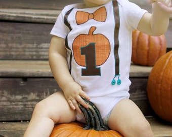 Fall Pumpkin Theme 1st Birthday Bow Tie and Suspenders Bodysuitfor Boy