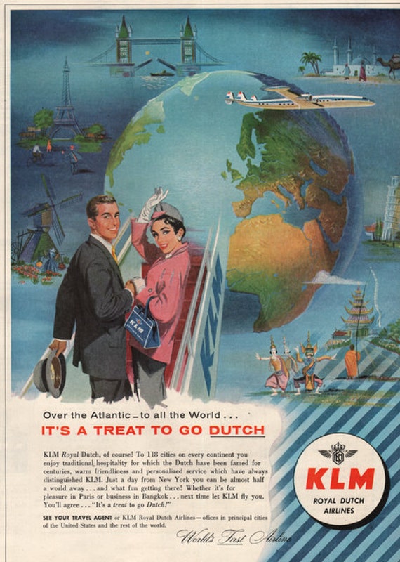 1957 KLM Rjoyal Dutch Airlines print ad A treat to go Dutch