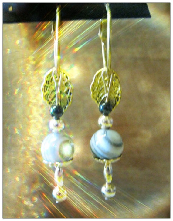 Handmade Gold Hoop Drop Earrings with Striped Agate & Onyx by IreneDesign2011