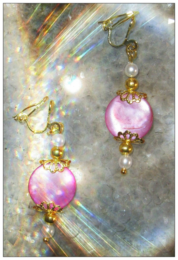 Handmade Gold Clip-On Earrings with Pink Seashell & Pearls by IreneDesign2011