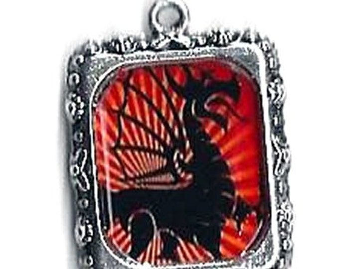 Fire Breathing Dragon Fantasy Pendant, Mythological Creature, Goth, Red & Black, Silver, Square Shaped