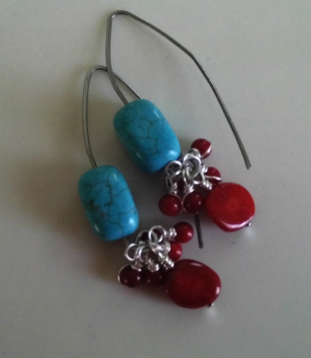 Turquoise and coral dangle earrings modern by RadWireJewelry