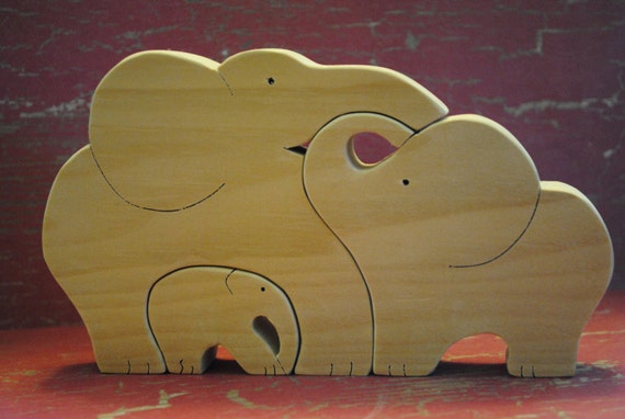 Handmade 3 Piece Wooden Elephant Family Childrens Puzzle