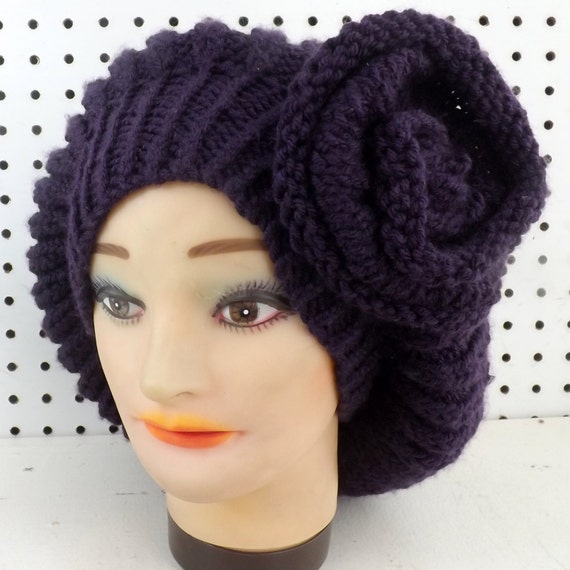 MARY Hand Knit Hat, Knit Hat Women, Womens Beanie Hat, Knit Beanie Hat, Slouchy Beanie Hat, Ribbed Beanie in Purple with Detachable Flower