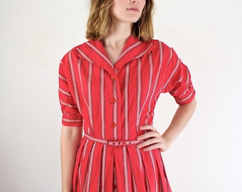 Vintage 1940s Dress • 40s Dress • 1940s Day Dress • 40s Cotton Dress • Striped 40s Dress • 1940s Red Dress • Dolman Sleeve Dress • 50s Dress