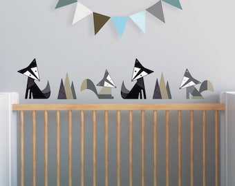 Fox Wall Decal, Black Fox Decal, Gray Nursery, Woodland Wall Decal, Kids Decals. Foxes Children Wall Decal