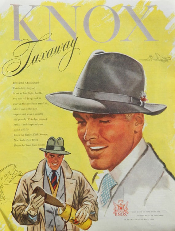 1940's Hat ad Knox men's fashions raincoat