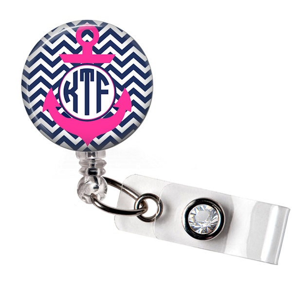 Retractable ID Badge Reel Personalized Navy and Hot Pink