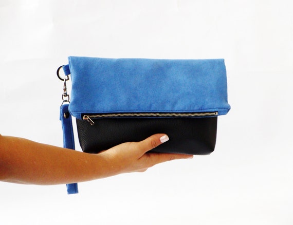 Cobalt blue wristlet suede clutch purse, zip fold over leather purse ...