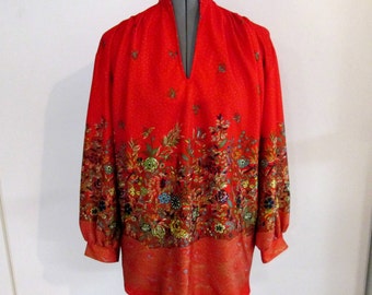 Items similar to 1970s Coral Red Asian Caftan Blouse with White ...