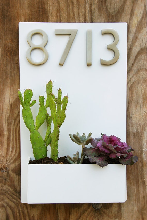 12" x 20" Modern White Lacquer Wall Planter with Brushed Aluminum Address Numbers, Wall Planter and Address Sign - Free Shipping