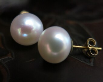Pearl Stud Earrings, Real Pearl Earrings, Bridal Jewelry, 14k Gold Earrings, 9mm White Pearl, Handmade Earrings, Pearl Jewelry, Wedding Gift