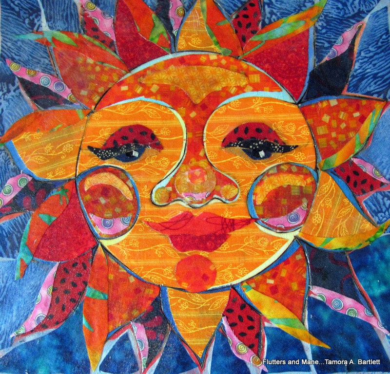 Sunset mixedmedia fabric collage on wood by FluttersandMane