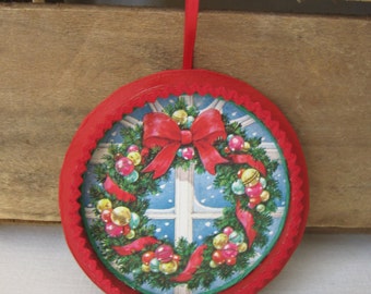 Ribbon Spool Wreath Ornament, Retro Ornament, Christmas Decor, Up-cycled Card and Ribbon Spool Ornament