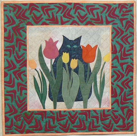 Cat Wall Hanging Appliqued Cat Quilt Cat by Studio55Creations