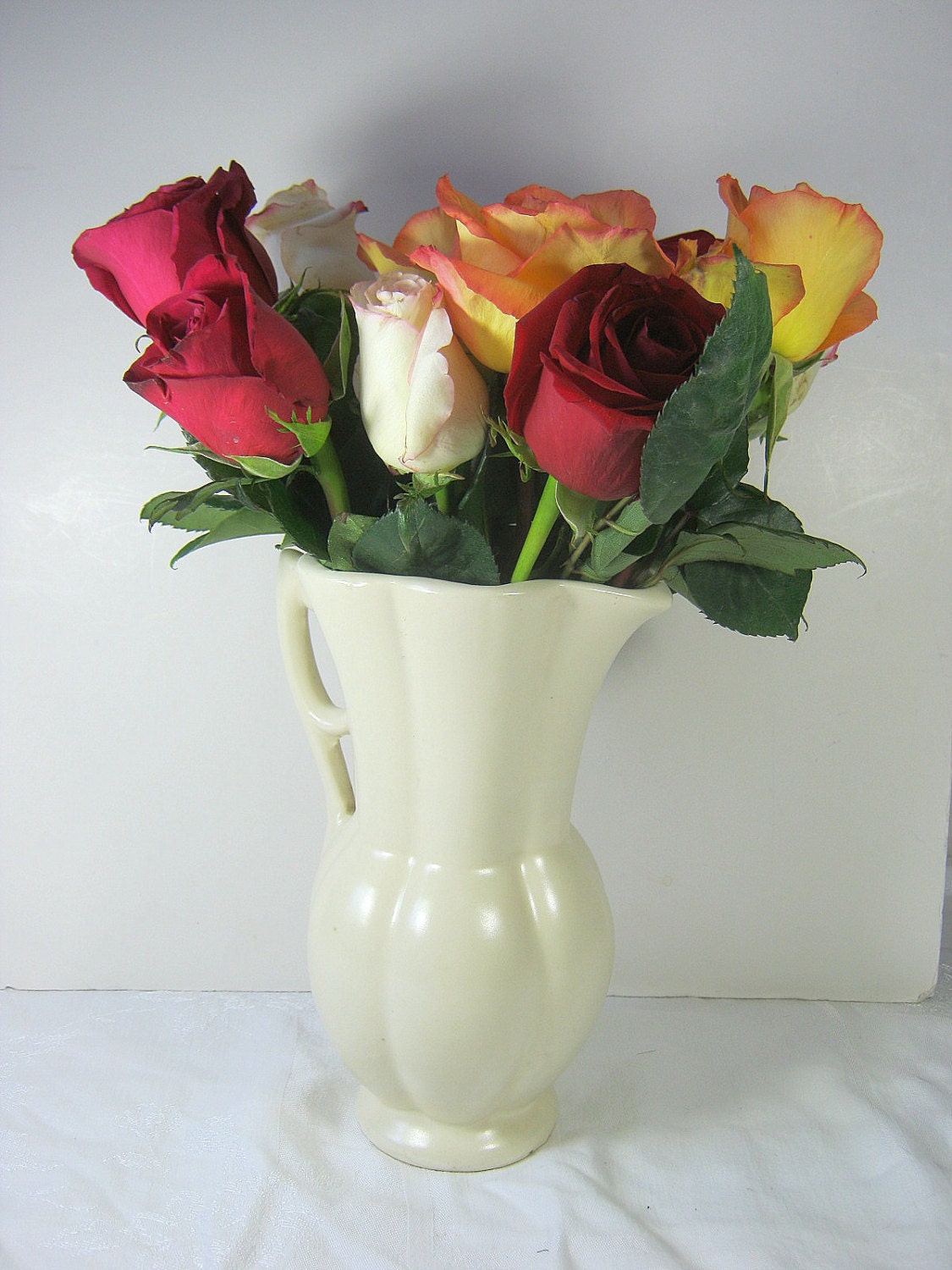 Vintage CREAMY WHITE Flower VASE Tall Pitcher Style Yellow