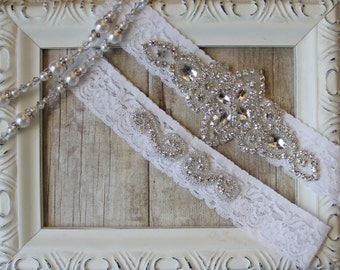 Garter Set, Wedding Garter Set, Bridal Garter Set, Vintage Wedding, Lace Garter, Crystal Garter Set - Style 001 A