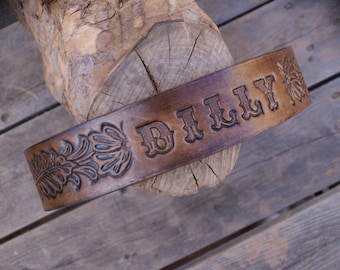 Leather Dog Collar Personalized ( Western Dog Collar ~ Tooled Leather Dog Collar ~ 1950s name on belt Dog Collar )