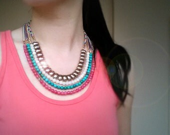 Multi Strand Beaded Bib Necklace, Statement necklace, Turquoise beads, Colored jade beads, Antique gold-plated brass chain