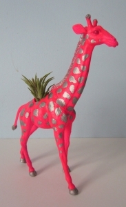 Upcycled Toy Planter - Neon Pink Giraffe with Silver Spots and Air Plant