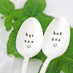 His Tea, Her Tea- hand stamped iced tea spoons for engagement gift As Seen In Southern Weddings Magazine.