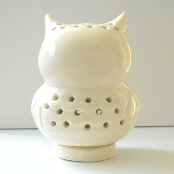 Ceramic Owl Lantern Vintage Design White Owl Candle by fruitflypie
