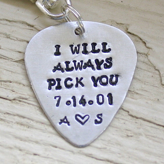 Guitar Pick Key Chain Hand Stamped Anniversary Key Ring