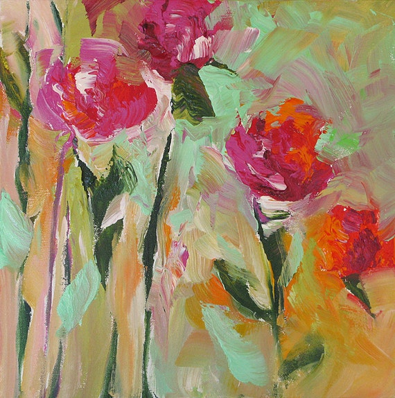 Original Floral Painting Abstract Art Fauve Impressionist Flowers Still Life Roses Landscape Acrylic Painting on Canvas Linda Monfort