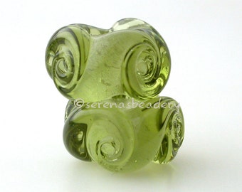 European Charm TWISTED OLIVE GREEN Handmade Lampwork Glass Bead Pair taneres