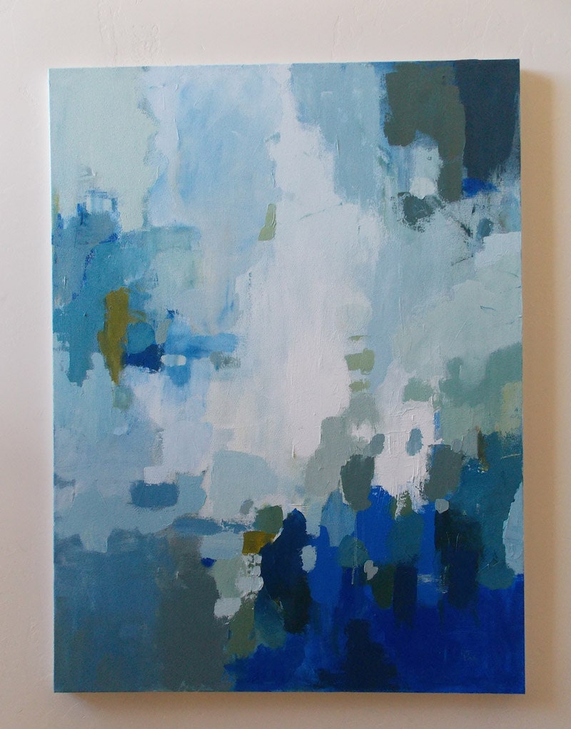 Large abstract painting blue and white acrylic on canvas