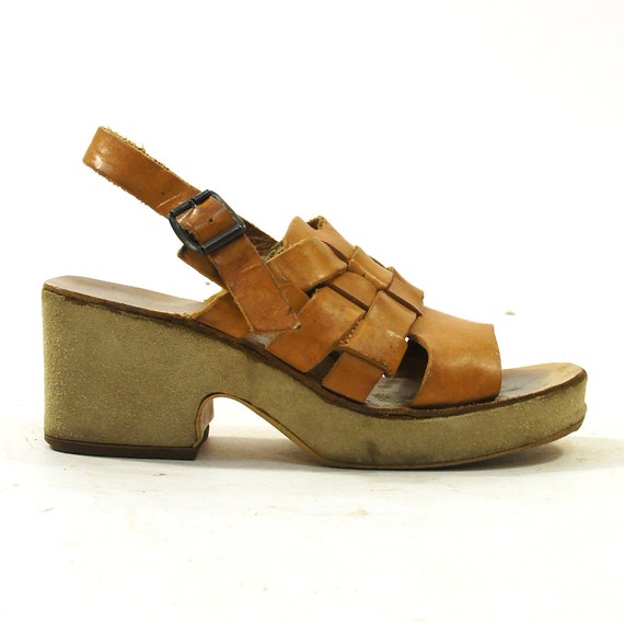 70s Greek Platform Wedge Huarache Sandals / Brown Leather
