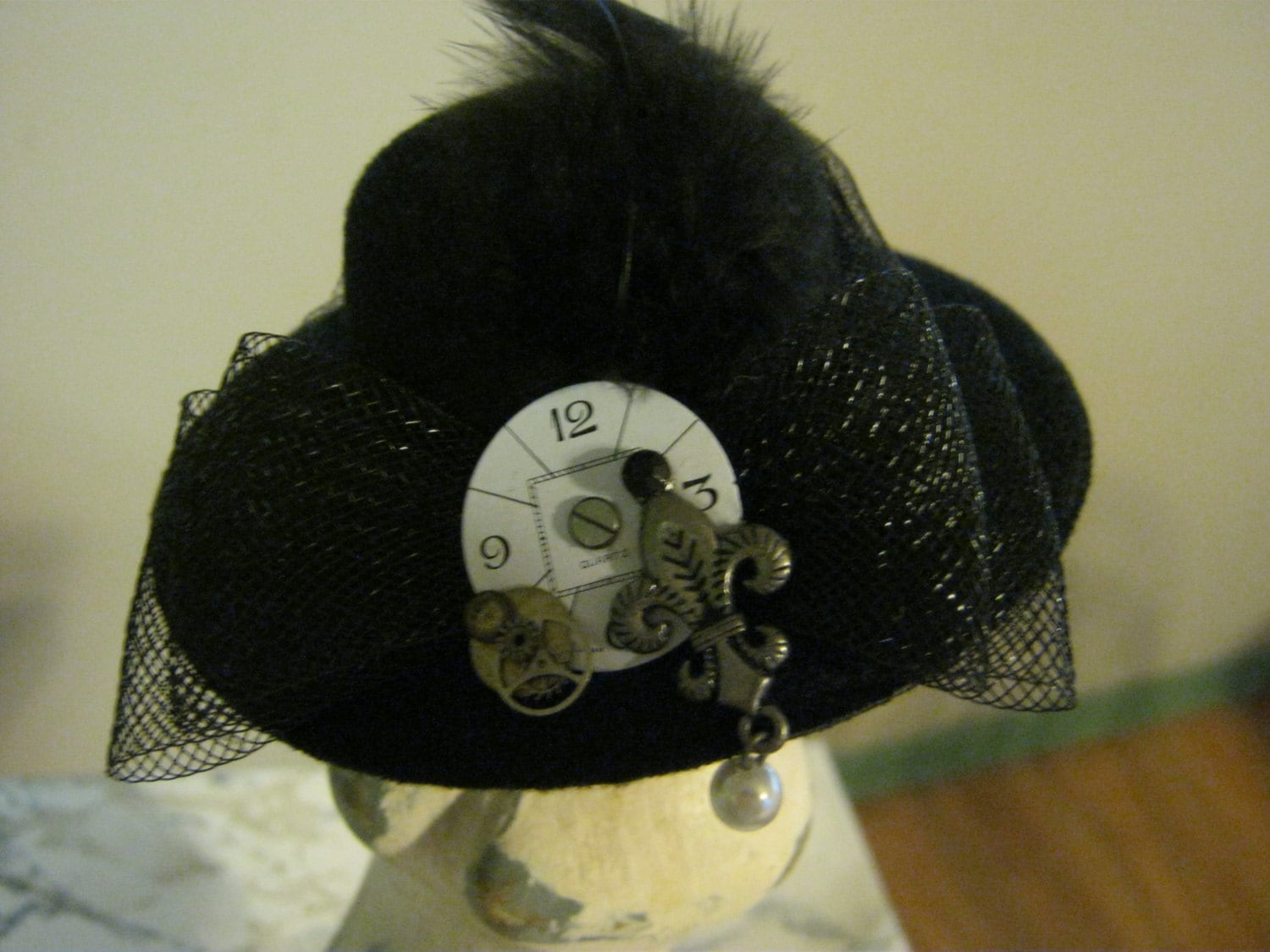 Mini Steampunk Black Bowler Hat with watch face, gears, fluer de lis