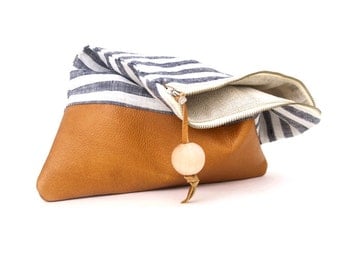 Stripe Bag. Brown Leather Clutch. Gift For Her. Leather bag. Travel Bag. Foldover Clutch. Ipad Case. Leather Purse. Travel Case. Ikat Clutch