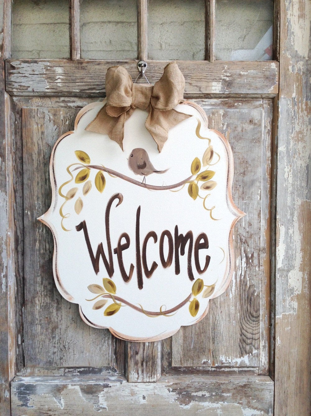 Welcome Sign Door Art Door Decor Hand-Painted Wreath