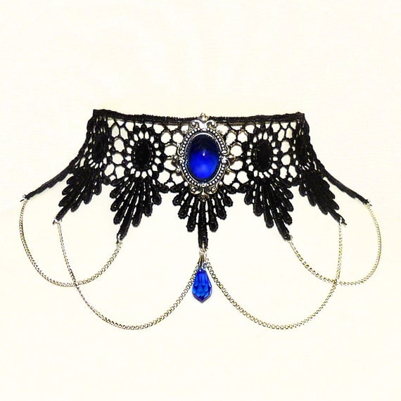 Steampunk gothic lace choker Sapphire blue necklace crystal drop and elegant draped chains - SINISTRA - FEATURED in Devolution magazine by DarkEleganceDesigns steampunk buy now online
