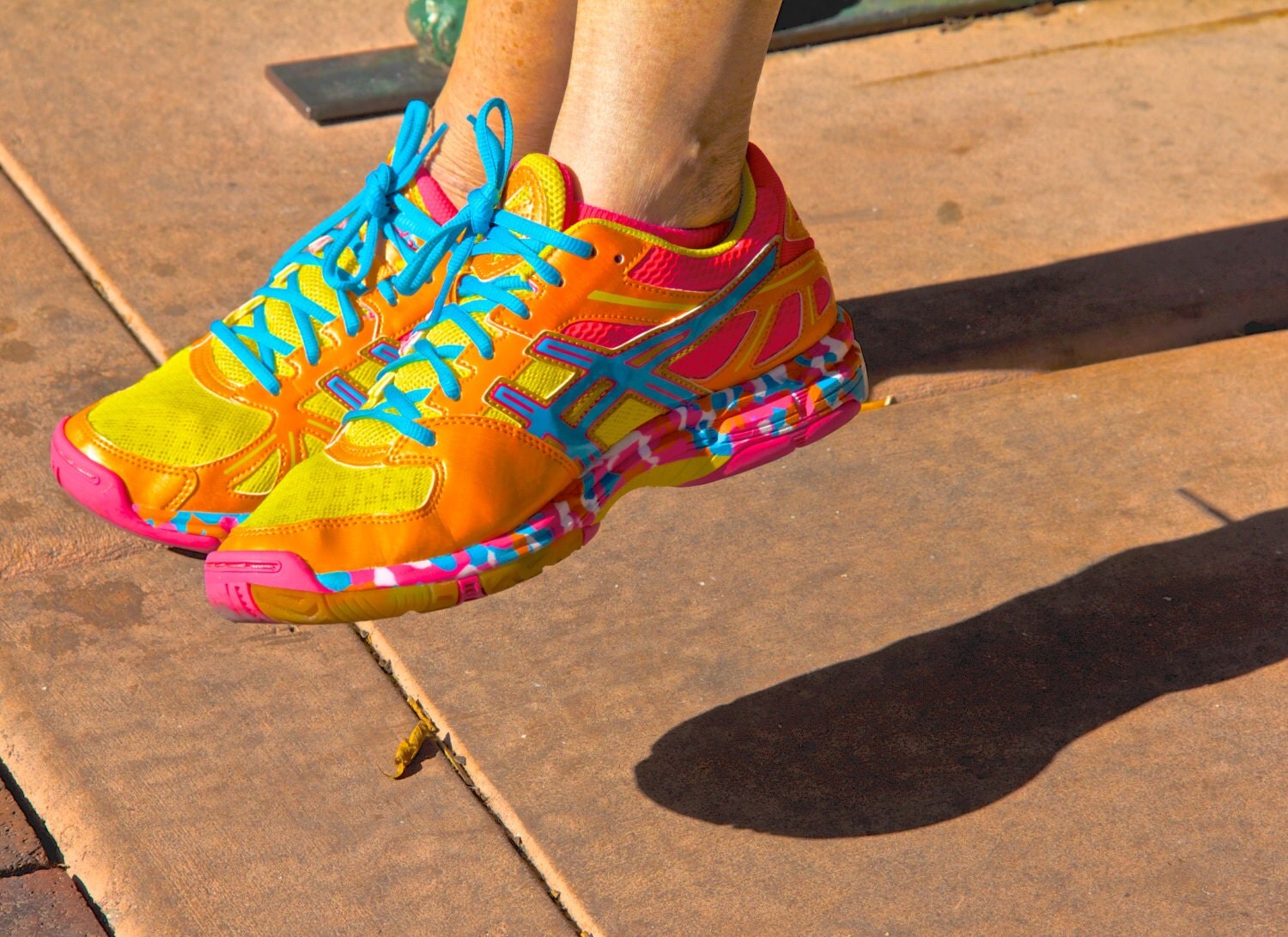 turquoise and yellow shoes