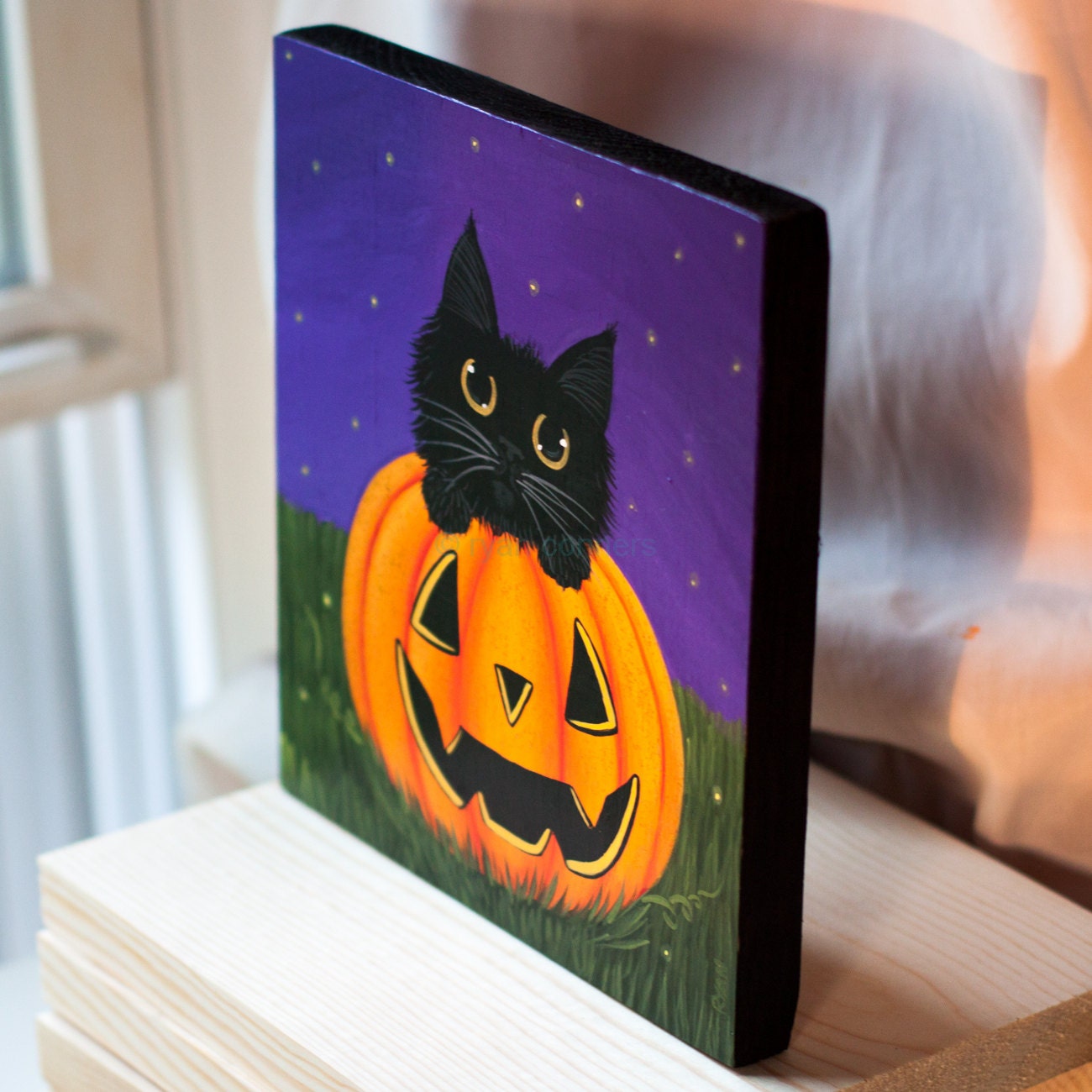 Black Cat in a Pumpkin Original Halloween Folk Art Painting