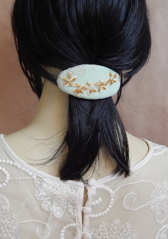 Gold green barrette bridal barrette beaded by EmbellishedLife