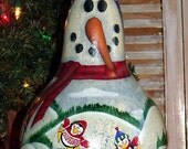 Hand Painted 12" tall Snowman Gourd with Penguin Pond Scene Decoration-Winter Gourd-Christmas Gourd-Snowman-Folk Art-Primitive-Gourd Art-ofg