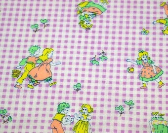 vintage 70s juvenile novelty fabric featuring cute kids on gingham, 1 yard