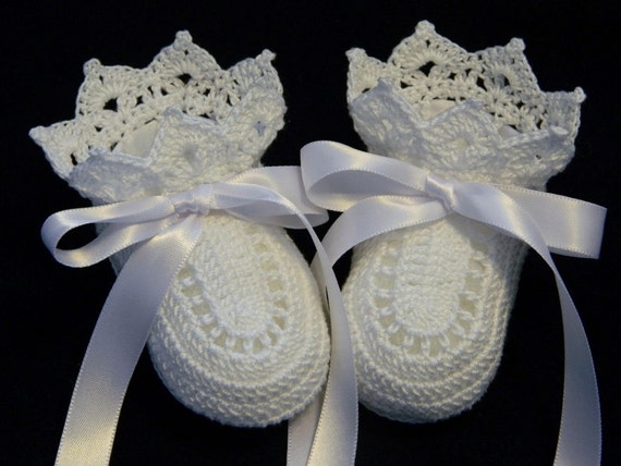 Crochet White Christening Booties Newborn Baby by mycrochetbasket