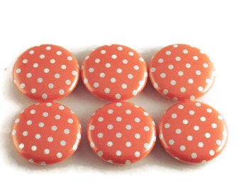 Funky Button Magnets Refrigerator Magnets in Tangerine Polka Dots Set of Six