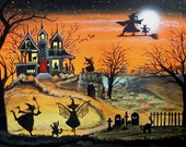 Items similar to Folk Art HALLOWEEN PRINT Whimsical 