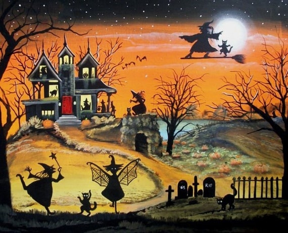 Items similar to Folk Art HALLOWEEN PRINT "Whimsical Witches" Witches