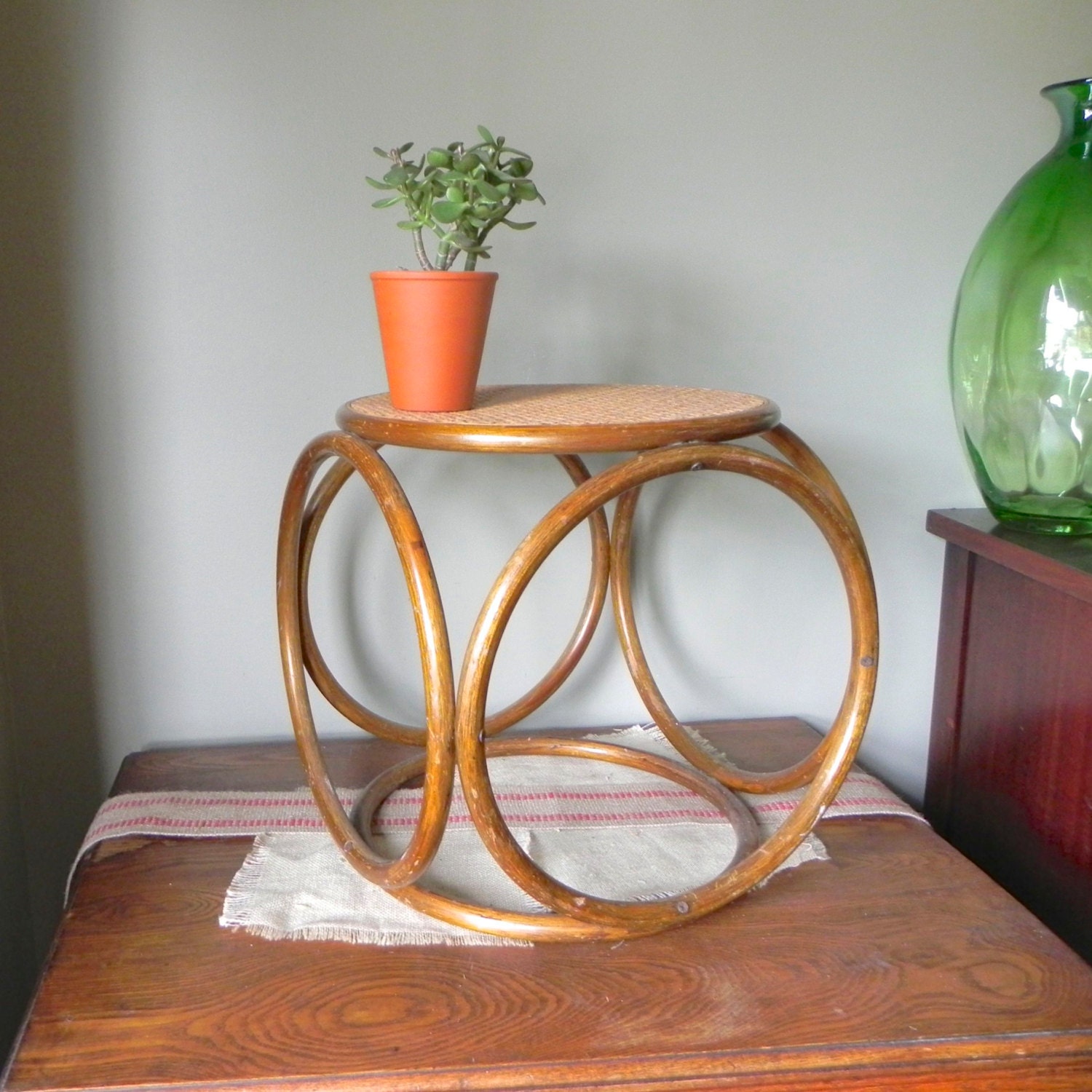 Vintage bentwood and caned cane stool ottoman by Michael