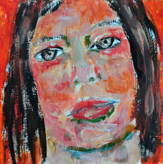 Original Acrylic Portrait Painting, Layla, Girl, Woman, Orange, Face, Bold colors 4x4 mini art chipboard